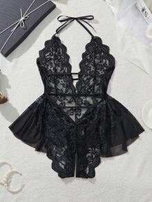 Floral Lace Crotchless Lingerie Teddy, Sexy Deep V Neck Ruffle Mesh Halter Bodysuit, Women's Sexy Lingerie & Underwear - 黑色 - 查看 2