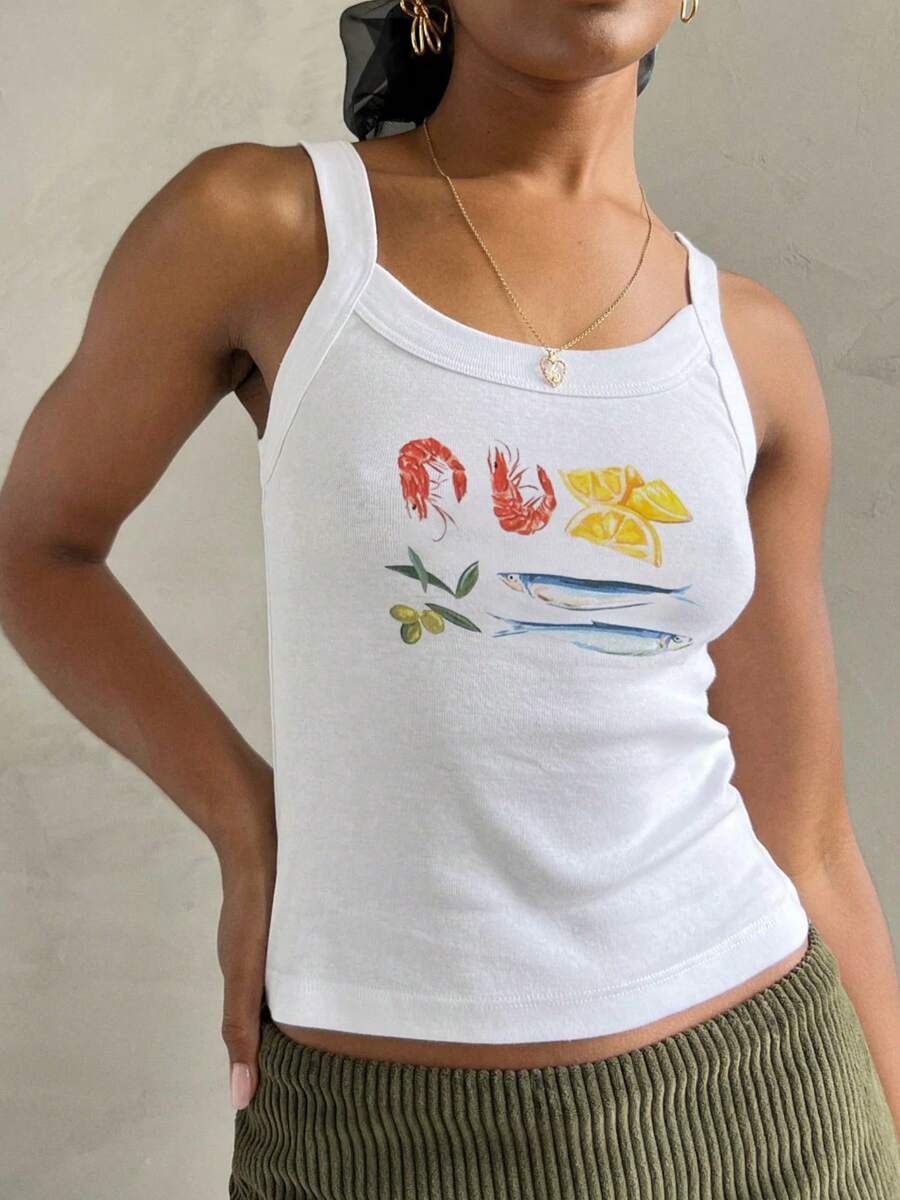 Summer Crop Tank Tops For Women Y2k Spaghetti Strap Cami Tops Graphic Tees Beach Vacation Tops Sleeveless Scoop Neck Camisole Slim Fit Tees Cute Going Out Tops For Teen Girls For Street Shopping Club Aesthetic Clothes - 黃色 - 查看 1