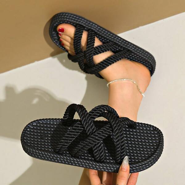Bohemian Style Colorful Rope Criss-Cross Women's Summer Thick Slide Sandals, Comfortable & Versatile, Must-Have Fashion Item For Summer Beach Trips