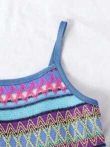 Summer Girls Casual Simple Fashion, Colorblock Geometric Pattern Denim Effect Strap Dress, Suitable For Play And Vacation