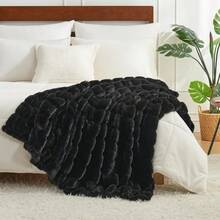 Local Delivery--Cozy Bliss Faux Fur Throw Blanket For Couch, Jacquard Fuzzy Plush Soft Thick Winter Throw Blanket For Sofa Bed Living Room Bedroom - Stripe - Black - View 4