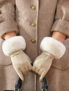 1 Pair Solid Color Elegant Casual Polyester Touchscreen Full Finger Gloves, Warm, Fashion, Suitable For Daily Wear, Cycling, Students, Plush Cuff, Women, Autumn/Winter