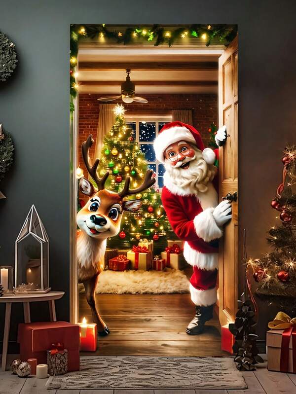 Pancarta de puerta festiva de 1 pieza con decoración de Papá Noel y renos en 2D - Hecha de poliéster duradero, de 70.8x35.4 pulgadas, ideal para entradas del hogar y decoración navideña al aire libre