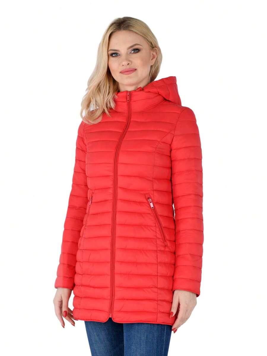 Women's Puffer Jacket Quilted Lightweight Padding Hood Packable Bubble Coat - Red - View 1