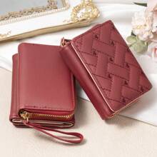 Women Short Wallet With Heart Embroidery, Large Capacity & Multi-Card Slots For Credit Cards, ID, Cash, Casual Three-Fold Snap Closure Coin Purse, Suitable For Daily Use, Mother's Day, Birthday, Anniversary Gift