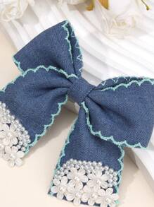 1 pezzo Fermagli per capelli in jeans per ragazze con perle floreali bianche e nastro di raso blu, accessori per capelli boho vintage per primavera/estate, festival, fermagli per capelli eleganti casual, per adolescenti, bambini, feste, uso quotidiano