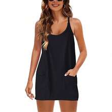 Women Plus Size Sports Dress With Built-In Shorts, Womens Athletic Sleeveless Romper Dress With Built-In Shorts, Summer Tennis Sundress With Spaghetti Straps & Pockets - 黑色 - 查看 3