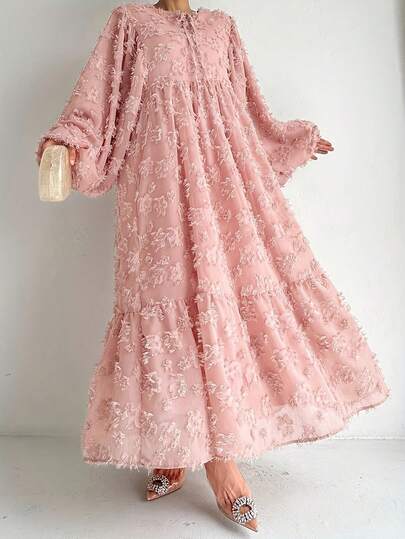 女士优雅中东风灯笼袖纹理长裙