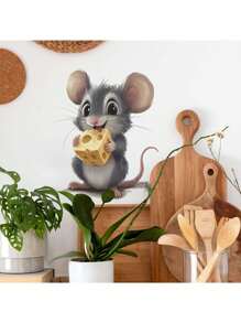 Kitchen Stickers/Decorative Stickers Cheese Cute Little Mouse Stickers Waterproof And Dustproof Stickers, 1 Piece Pvc Material Removable Wear-Resistant Stickers, Wall Stickers 11.4*9.8 Inches, Suitable For Kitchen Decoration, Wall Decoration, Restaurant Decoration, Interesting Birthday Gifts, Graduation Gifts, Make Your Home A New Look