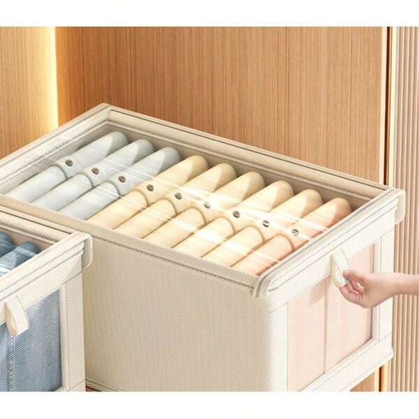 1/ 2 قطعة صندوق تخزين قماشي كبير السعة مكشوف/ مغطى مطوي مع نافذة شفافة، صندوق على شكل أدراج لتنظيم البناطيل والملابس في المنزل