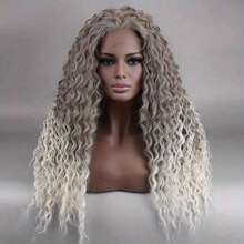 Parrucca sintetica lunga e riccia, in colore grigio argento sfumato, con base in pizzo, parrucca sintetica con linea naturale dei capelli, 26 pollici, radice scura con grigio