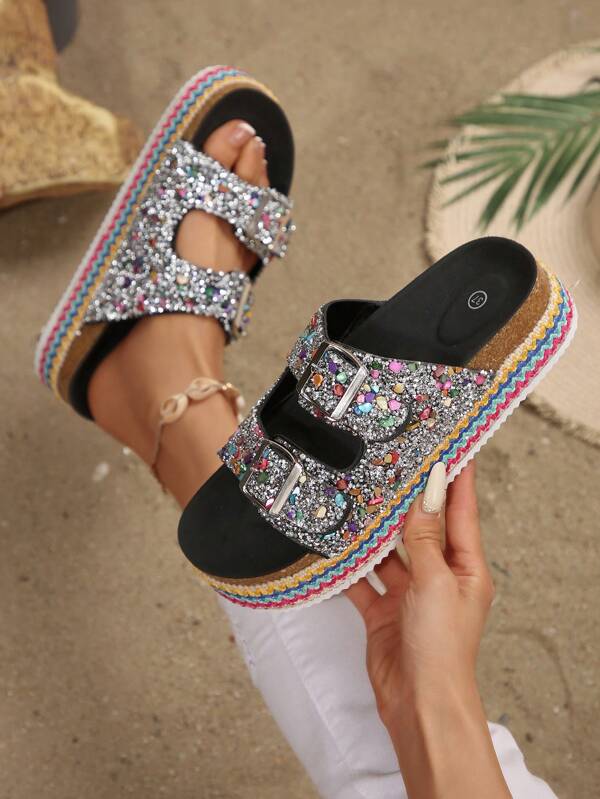 Spring/Summer 2025 Fashionable Women's Casual Rhinestone Decorated Double Strap Soft Thick Sole Slippers, Indoor/Outdoor Beach Floral Pattern Random Design