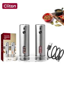 CLITON Zestaw młynków do pieprzu i soli ze stali nierdzewnej z akumulatorem USB-C - światło LED, zewnętrzna regulacja grubości, 110 ml, 300 mAh - idealny prezent na Boże Narodzenie, Ramadan, Eid i Diwali | Prezent do kuchni i na Nowy Rok | (zestaw podstawowy pojedynczy lub 2 w 1)