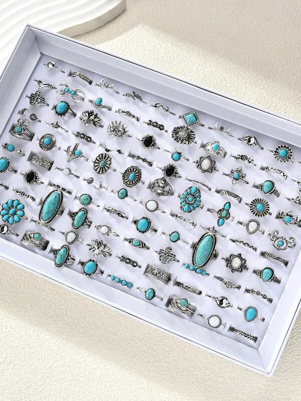 40pcs Unique Gothic Style Mixed Rings Set, Artificial Gemstone, Suitable For Vacation, Party, Date, Daily Wear, Festival, Family, Friends, Gifts (No Box)