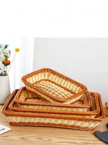 1pc Imitation Rattan Woven Bread Basket, Fruit Basket, Dessert Display Plate, Stackable Tray, Multi-Functional Storage Basket, Hand-Made Storage Basket, Woven Basket, Draining Basket