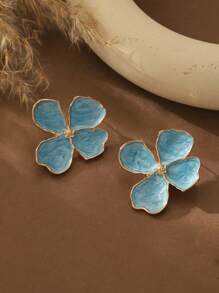 Summer Turquoise Women's Zinc Alloy Stud Earrings - Hawaiian 4-Petal Flower Design Bohemian Style Enamel, Suitable For Beach Vacation