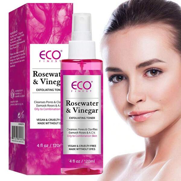 ECO FINEST Tônico Esfoliante com Água de Rosas e Vinagre com Vinagre de Maçã, Bruma Facial Refrescante que Limpa e Refina os Poros, Esclarece a Pele e o Couro Cabeludo, Condiciona e Suaviza a Pele, Soro Hidratante com Óleo de Flor de Damasco Rosa para Suavizar e Hidratar Todos os Tipos de Pele 4 fl oz
