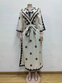 Women Geo Print V-Neck Long Sleeve Tie-Waist Dress
