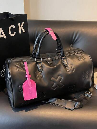 1pc Fashionable & Versatile Large Capacity Solid Color PU Leather Embossed Thick Padded Travel Bag, With Contrast Color Luggage Tag Pendant Design, Suitable For Men And Women, Ideal For Leisure Travel, Business Trip And Back To School, Can Hold School Supplies And Accessories