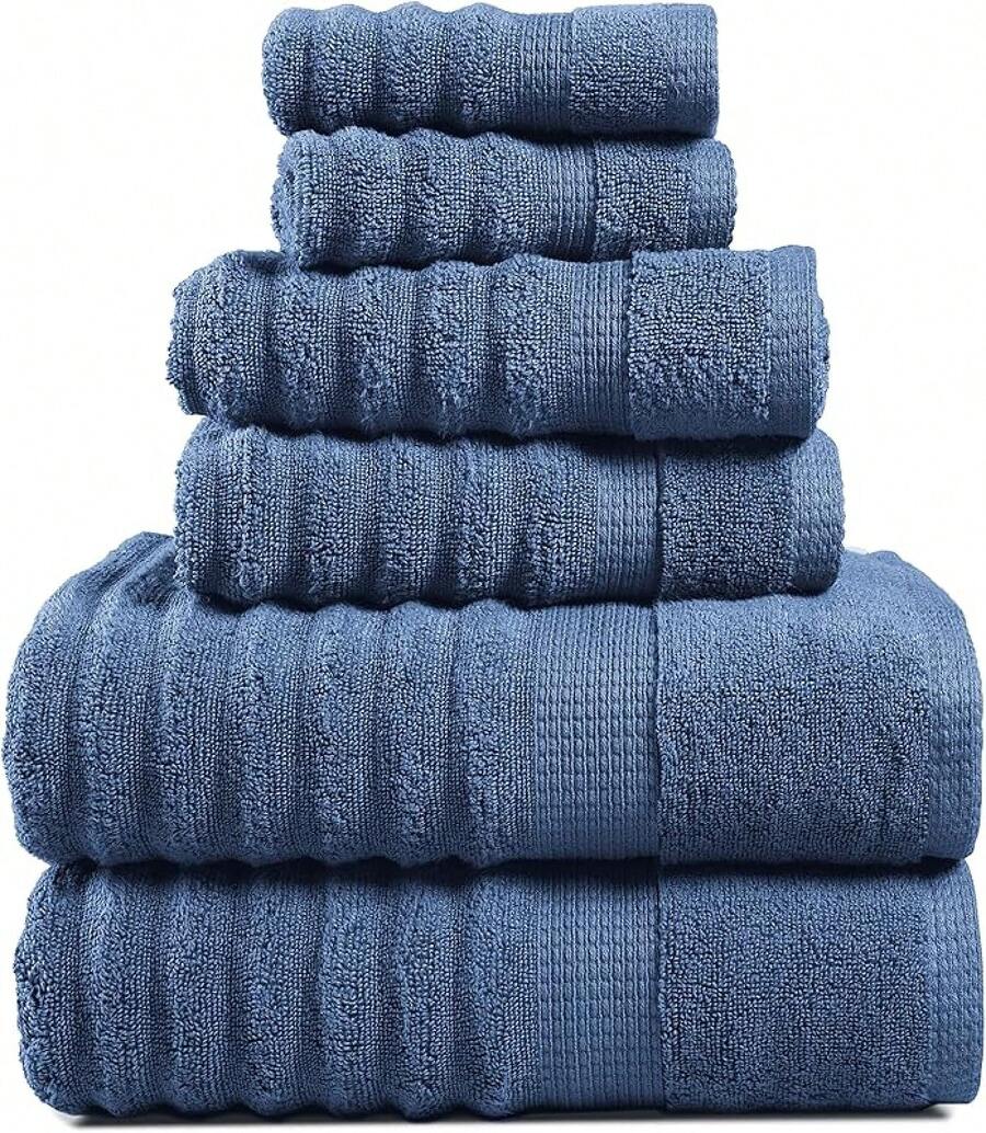 LANE LINEN Juego de toallas de baño acanaladas de lujo, % algodón, no se retuercen, suaves, de secado rápido, 2 toallas de baño, 2 toallas de mano, 2 toallitas, para cuerpo y rostro (6 piezas) 8RTF - 27: Mezclilla - Ver 1