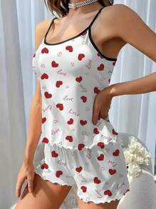 Women Heart & Letter Print Sleepwear Set, Lovely & Sexy Round Neck Backless Cami, Elastic Shorts, Casual Home Wear, 2Pcs Set, Spring/Summer