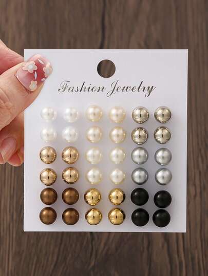 36pcs Classic Minimalist Round Faux Pearl Earring Set, Elegant & Versatile Women's Stud Earrings, Suitable For Daily Dates, Party Jewelry Matching