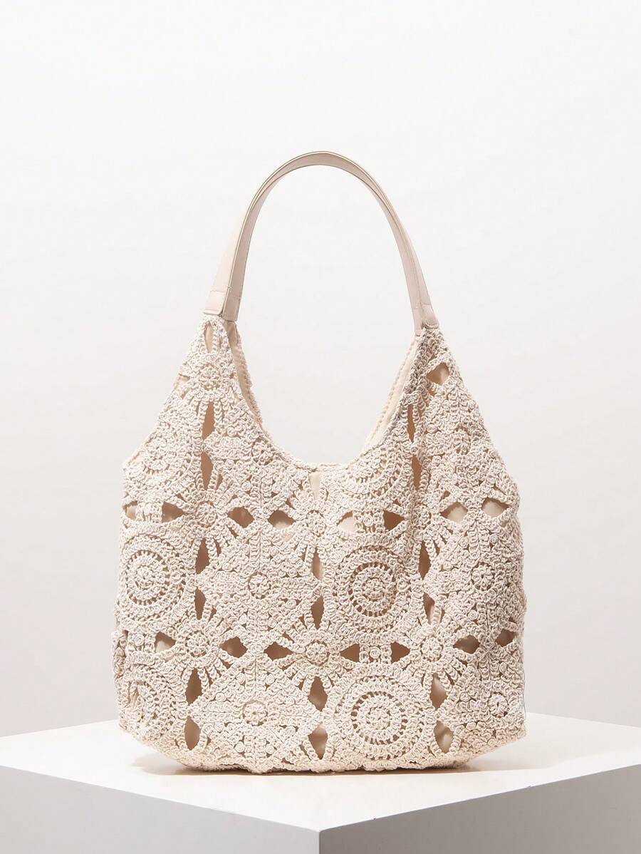 Floral Hollow Crochet Woven One Shoulder Bag, Beach Essentials, Raffia Bag, Beach Accessories For Women, Crochet Set, Elegant Bag For Women, Suitable For Outing And Shopping (Pattern Random) - Apricot - View 1
