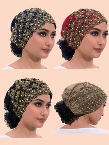 1 pieza Gorro casual con bordado de flor de ciruelo y decoración de cuentas, gorro para dormir - Sombrero con cuentas de flor de ciruelo - Ver 12