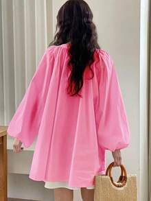 Áo sơ mi nữ dáng rộng nhiều màu sắc cổ nơ kèm dây đeo nơ, món đồ thiết yếu cho trang phục nữ sinh mùa xuân. - Hồng - Xem 8