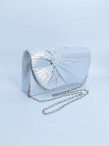 1pc Plain Glittery Knotted Clutch Purse, Silver Color Evening Bag Suitable For Parties, Banquets And Daily Use