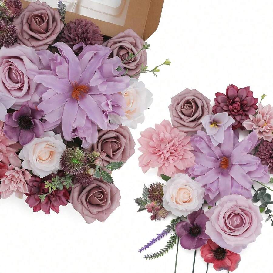 Artificial Flowers Combo, Champagne Silk Roses, Peonies, Dahlias With Stems For DIY Wedding Bouquets, Baby Shower, Table Centerpieces, Home Decor, Fake Floral Arrangements, Party Decorations - 塵土飛揚的玫瑰 - 查看 1
