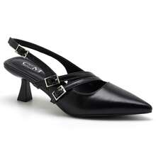 Elegantes tacones de punta de mujer con tira trasera y hebillas triples - Zapatos de vestir de tacón de gato bajo para oficina y eventos formales - Negro - Ver 1