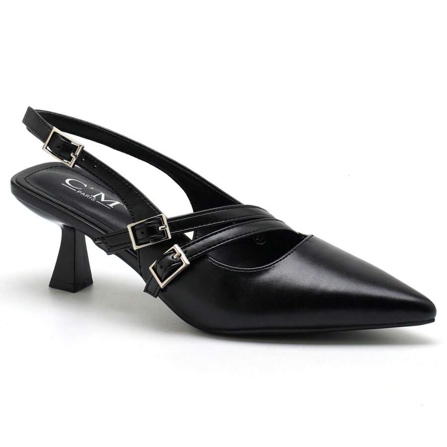 Elegantes tacones de punta de mujer con tira trasera y hebillas triples - Zapatos de vestir de tacón de gato bajo para oficina y eventos formales - Negro - Ver 1