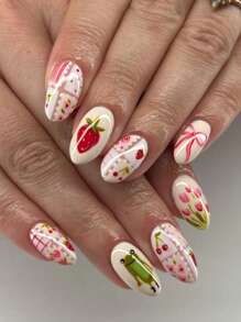 24 piezas Juego de uñas postizas con forma ovalada, decoración de uñas con patrón de flores de lazo de fresa dulce, apto para todas las mujeres y señoras para citas diarias, trabajo y fiestas. Uñas postizas y suministros para uñas