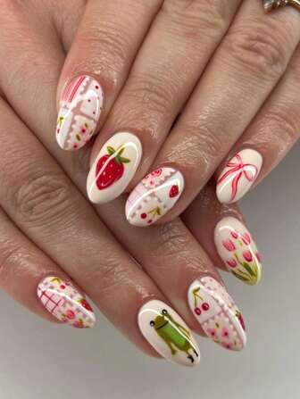 24pcs Oval Shaped False Nails Set, Sweet Strawberry Bow & Cartoon Flower Pattern DIY Nail Art Decor, Suitable For All Women & Ladies For Daily, Work And Party Wear. Press-On Nail Stickers, Nail Art Supplies.