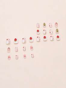 24 piezas Juego de uñas postizas con forma ovalada, decoración de uñas con patrón de flores de lazo de fresa dulce, apto para todas las mujeres y señoras para citas diarias, trabajo y fiestas. Uñas postizas y suministros para uñas