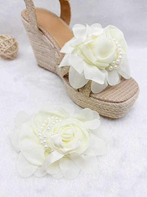 2pcs Handmade Pearl Flower & Rose Bud Chiffon Shoe Clips, DIY Hair Accessories & Brooch Decor