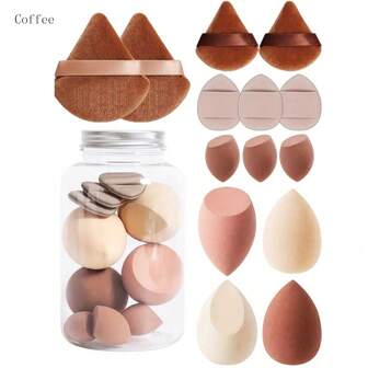 14pcs/Set Makeup Sponge Kit - Mini Triangular Finger Flocked Powder Puff, Air Cushion Makeup Sponge (Jar Packaged)