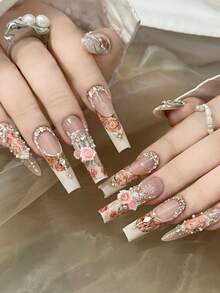 12格浮雕玫瑰花珍珠美甲饰品，混合树脂玫瑰、珍珠和绿叶，适用于女孩和女士美甲DIY工艺品配件，美甲饰品，美甲用品 - 彩色 - 查看 4