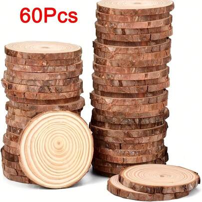60Pcs Rustic Wood Slice Ornaments 5-6cm, Natural Wood Slices With Tree Bark, Natural Unfinished Log Discs Wooden Circles 5-6cm For Art Creation DIY Crafts Rustic Wedding Decorations Christmas Ornaments
