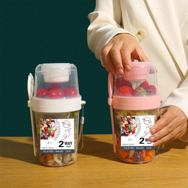 Double Layer Breakfast Salad Cup, Portable Fruit & Vegetable Cup, Snack Cup With Fork And Lid For On-The-Go