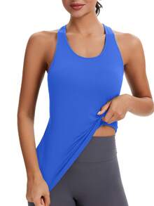 Seamless Workout Tops For Women With Built In Bra Athletic Tank Tops Yoga Runnning Workout Shirts Slim Fit - Klein Blue - View 6