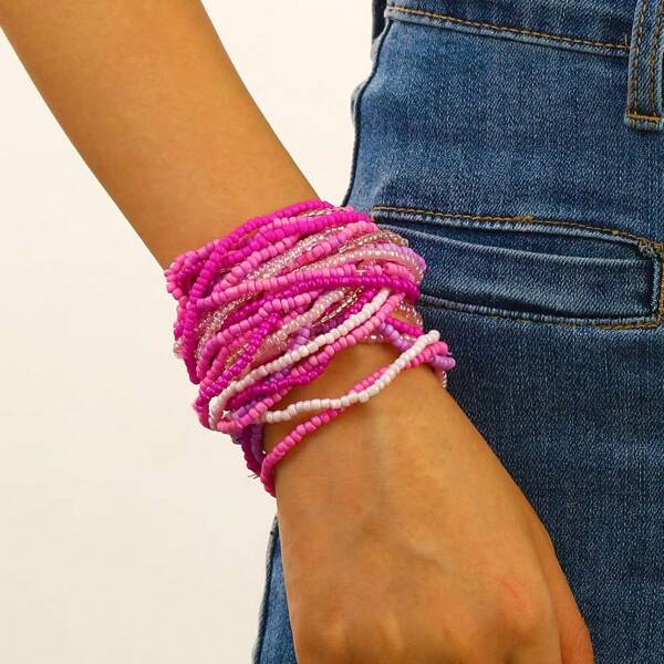 30 piezas Pulsera elástica con cuentas de colores degradados de estilo bohemio para mujeres