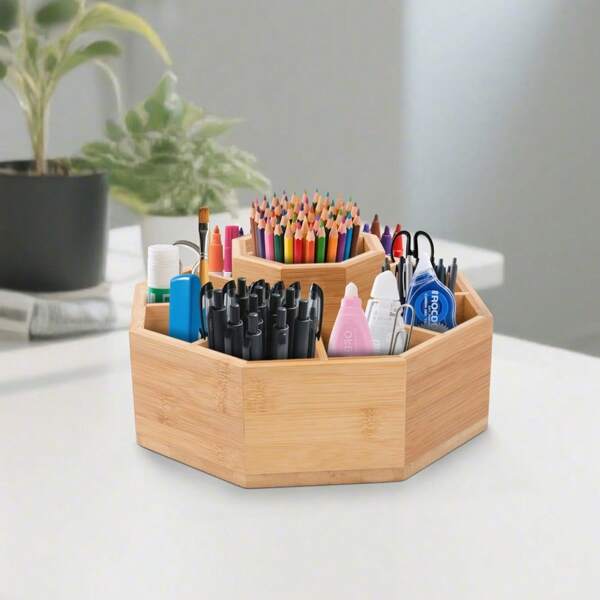 360° Rotating Desktop Storage Box Bamboo Rotating Storage Box With 8 Compartments Can Hold More Than 300 Pencils, Pens, Markers, Brushes Suitable For Living Room Study Office Desktop