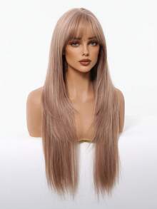 28 Inch Long Straight Champagne Blonde Layered Wigs With Bangs Synthetic Wigs For Women For Ordinary Work, Life, Dance Parties And All Occasions Use; Wigs For Women, Carnival; Kpop, K Pop; Y2k; Cosplay - 香檳色 - 查看 4