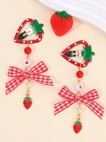 2 piezas Pinzas para el cabello con lazo estilo Y2K con diseño de cerezas y fresas para niñas, pasador de cabello con cinta a cuadros rojos retro, accesorios kawaii para el cabello con diseño floral y de frutas, para fiesta de San Valentín, Navidad, primavera y verano, festivales