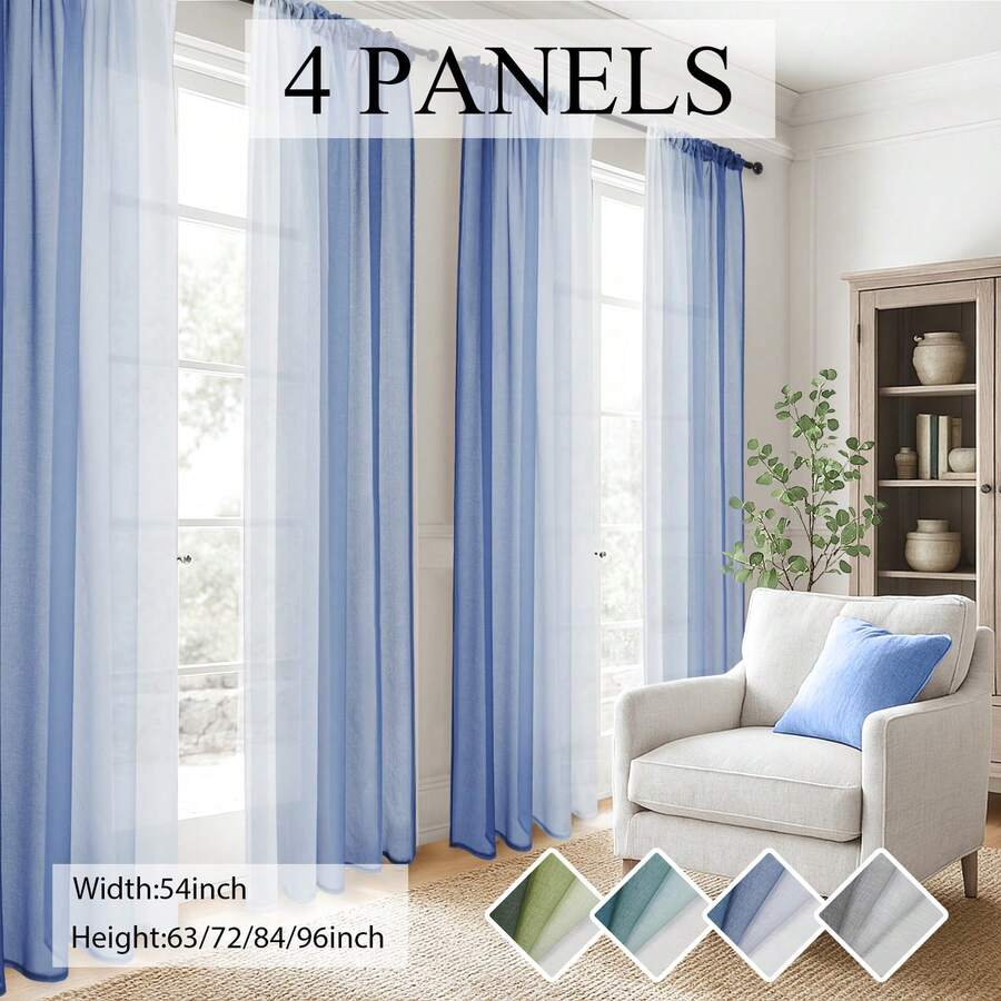 4 Panels Ombre Sheer Curtains For Living Room Bedroom Decor, Gradient Semi Voile Rod Pocket Window Curtain Drapes - Màu xanh lam - Xem 1