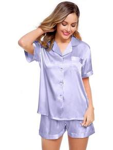 Womens Silk Satin Short Sleeve Loungewear Two-Piece Sleepwear Button-Down Pj Set - Lavender-no Piping-214 - View 2