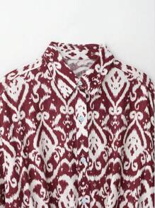 Women's Fashionable Loose Fit Turndown Collar Printed Short Sleeve Shirt, Summer