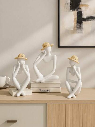1/3pcs White Resin Thinker Sculptures With Straw Hat, Minimalist Abstract Figurines For Bookshelf, Desk, Bedroom, Dorm, Gift – Graduation Or Summer Decor